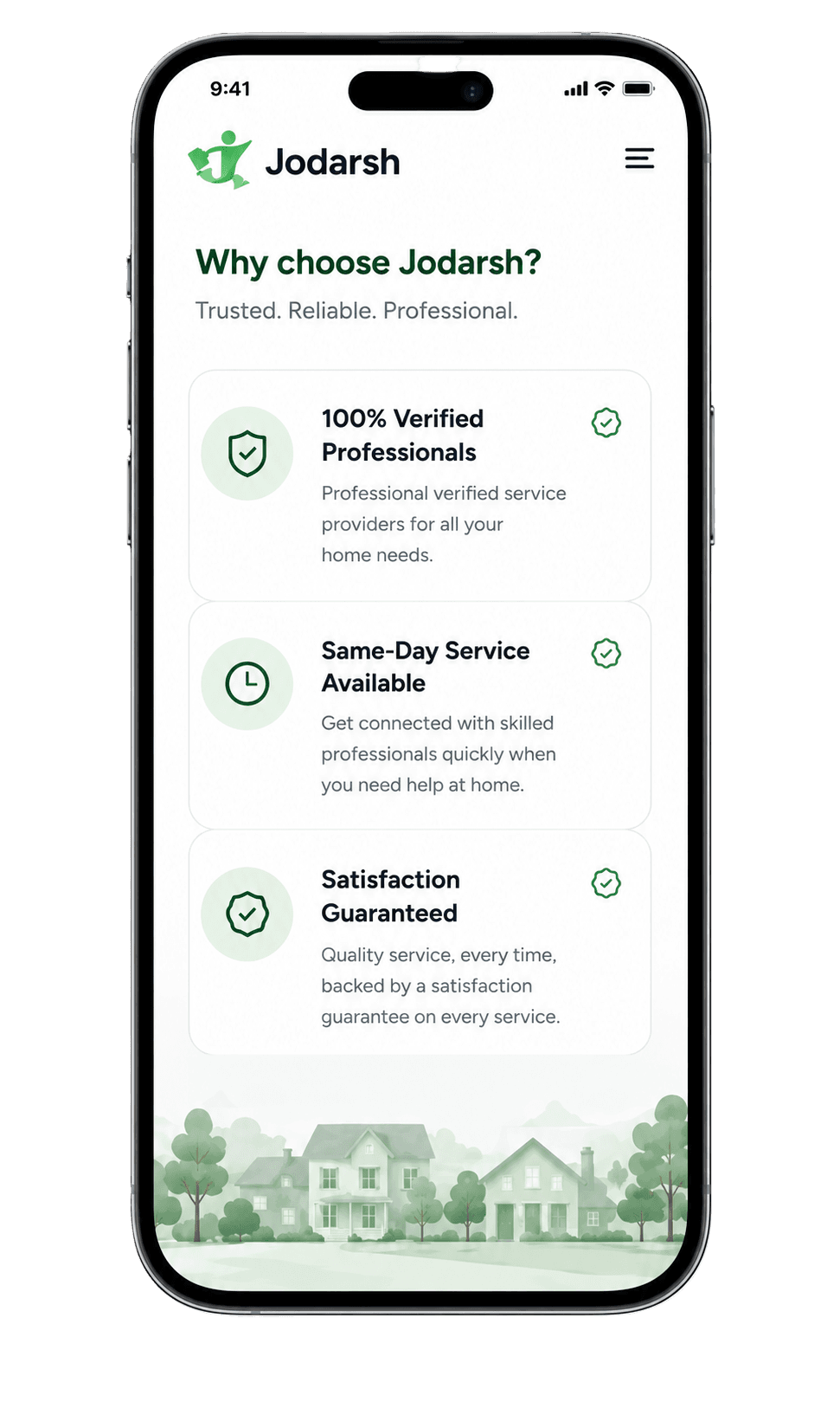 Jodarsh app screen showing reasons to choose Jodarsh